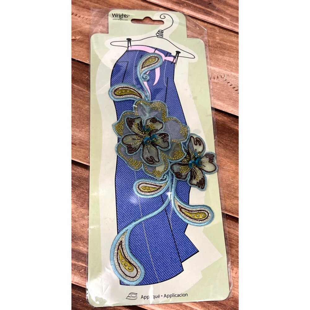 Wrights Blue Paisley Floral Iron-On Embroidered Applique Patch EMBELLISHMENT